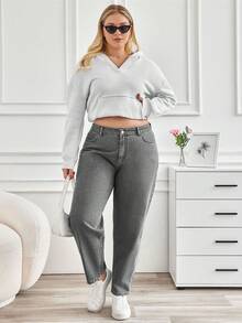 SHEIN Cottnline Plus Size Solid Color Slant Pocket Casual Alternative Versatile Jeans Formal Evening Grey Summer - Light Grey - View 7