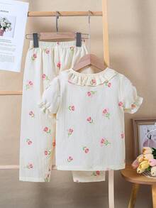 SHEIN Vintaside Kids Bộ đồ ngủ mặc nhà 2 mảnh in hình trái tim ngọt ngào dành cho các cô gái trẻ - Nhiều màu - Xem 2