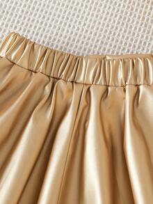 小女孩米色百搭复古法式风新款女童PU皮裙，高腰修身百褶裙，四季皆宜 - 香檳色 - 查看 5