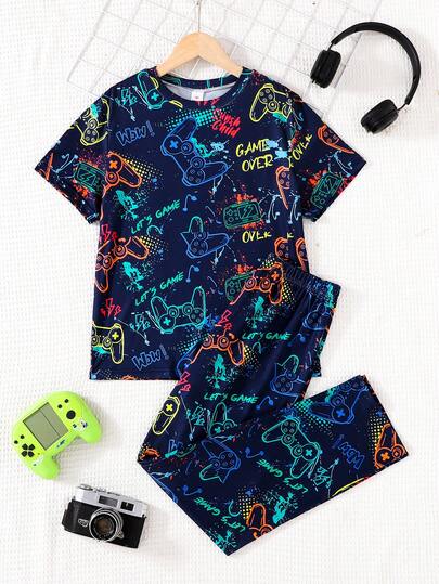 Boys' Gamer Theme Long Sleeve & Pants Set, Navy Blue Base With Controller Print, "GAME OVER" Letter Decor, Comfortable & Skin-Friendly, Casual Homewear & Loungewear