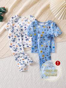 4件套男婴恐龙太空图案针织短袖上衣和长裤套装，春夏修身睡衣 - 彩色 - 查看 1