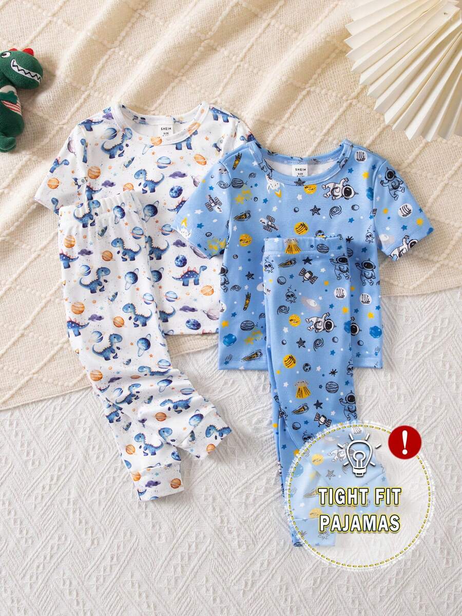4件套男婴恐龙太空图案针织短袖上衣和长裤套装，春夏修身睡衣 - 彩色 - 查看 1