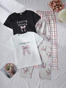 2pcs/Set Teenage Girls' Casual Cute Bow Plaid Print Short Sleeve Top And Pants Pajama Set