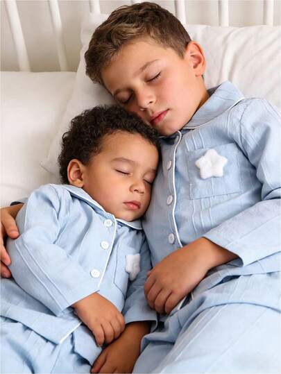 SHEIN 2pcs Toddler Boys' Solid Blue Casual Long Sleeve Top And Long Pants Homewear Set