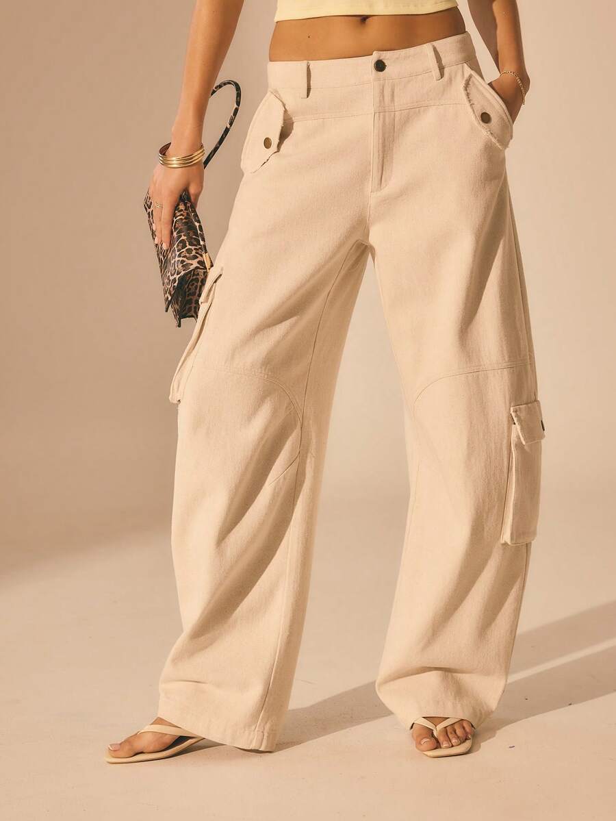 Aralina 女士低腰低腰奶油色牛仔工装裤，带口袋，宽松裤，阔腿裤 - 杏色 - 查看 1