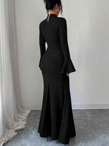 Elenzga New V-Neck Textured Metallic Twist Front Flare Sleeve Dress, Elegant & Versatile For Vacation, Casual Daily Wear, Autumn/Winter - Black - View 2