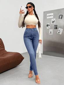 EURMUSE SOLID COLOR SLANT POCKET HIGH WAIST CASUAL STYLE DENIM JEANS - Light Wash - View 5