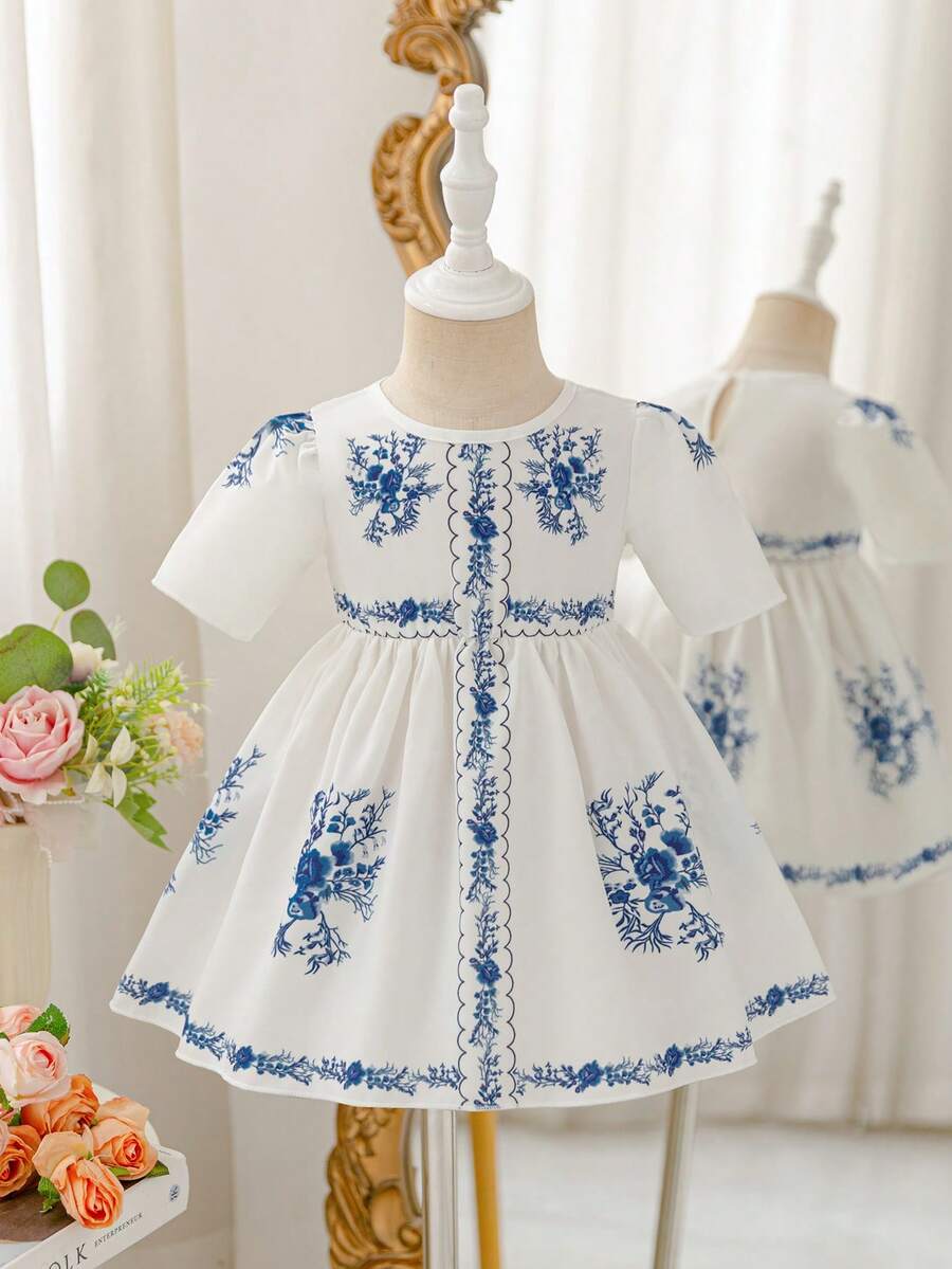Glamorique Kids Baby Girl Vintage Casual Vacation Floral Print Puff Sleeve Cinched Waist Dress, Summer - Blue and White - View 1