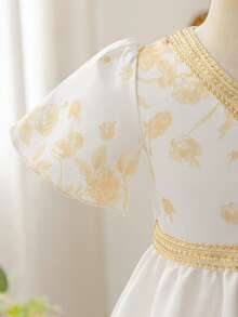 Glamorique Kids Đầm dự tiệc tay phồng, họa tiết hoa, phối ruy băng, dành cho bé gái, thích hợp cho mùa hè. - trắng - Xem 5