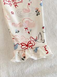 2pcs Baby Girls Cute Rabbit Bow Floral Print Doll Collar Ruffle Trim Long Sleeve Top And Pants Homewear Set - Apricot - View 6