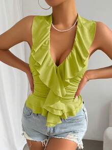 Glamine 女士性感度假风极简纯色深V领荷叶边装饰露背系带修身上衣，夏季 - 綠色 - 查看 5