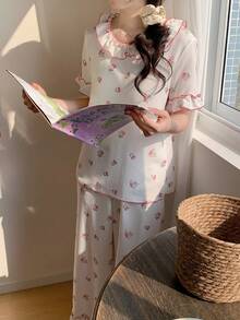 2pcs Comfortable Corduroy Tulip Floral Pattern Crew Neck Long Sleeve Pajama Set For Teens - White - View 3