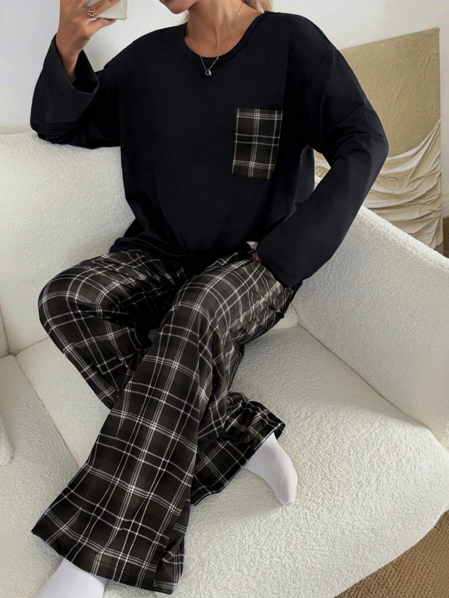 Dream Adore Women's Casual Loose Plaid Print Round Neck Pajama Set - Black - View 1