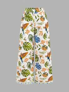 SHEIN Girlism Tween Girl Casual Minimalist Comfortable Mid-Waist Tropical Print Long Pants Tween Girl - Green - View 5