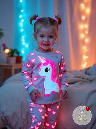 SHEIN Perso Play 2pcs Baby Girls' Cute Unicorn Print Bodysuit & Leggings Pajama Set