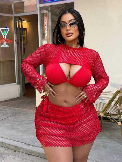 2026 New Year Swim SXY Plus Size Women 4pcs Red Mesh Sexy Bikini Set, Solid Burgundy, Summer Beach Vacation Swimwear