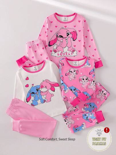 SHEIN GraphicGems 3 件套女童睡衣套装，可爱海洋生物全身印花舒适圆领长袖上衣和长裤，睡衣套装