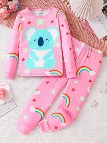 SHEIN 2 件装少女可爱彩虹星熊印花长袖上衣和紧身裤睡衣套装