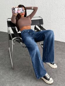 WOMEN CLASSIC HIGH WAIST WIDELEG MEDIUM WASH DENIM JEAN ASYMETRIC WAIST Y2K - Dark Wash - View 7