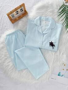 青少年/男士休闲条纹马图案印花褶皱面料长袖开衫和长裤家居服套装 - 藍色 - 查看 1