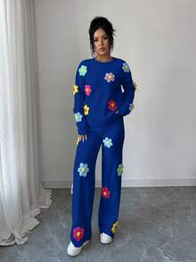 Selianne Damen Pullover mit rundem Ausschnitt, Drop-Shoulder und 3D Blumen, kombiniert mit 3D Blumen Gerades Bein Sweathose - Königsblau - Übersicht 5