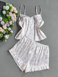 Bộ đồ ngủ 2 mảnh cho bé gái, màu hồng hoa văn, chất liệu satin mềm mại, gồm áo hai dây và quần short. - Nhiều màu - Xem 3