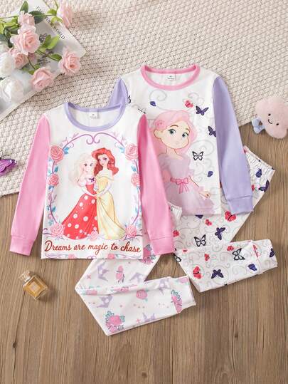 Young Girls Snug Fit Pajamas-2 Piece Princess Pajamas Set Pink Purple Round Neck Long Sleeve Top Matching Long Pants Adorable Character Illustration Holiday New Year 2026 Essential Four Season Cozy Comfortable Breathable Stretchy Relaxed Sleep Nightwear Perfect Gift