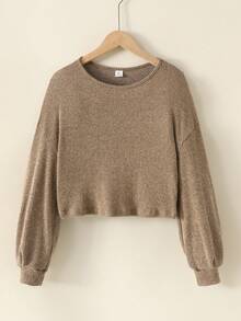 SHEIN Tween Girl Student Clothes, Lantern Sleeve Basic Style, Back To School, Opening Ceremony, Daily Wear, School, Travel, Sports, Winter - Camel - View 7