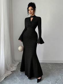 Elenzga New V-Neck Textured Metallic Twist Front Flare Sleeve Dress, Elegant & Versatile For Vacation, Casual Daily Wear, Autumn/Winter - Black - View 4