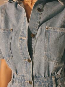 Aralina 女士夏季/冬季牛仔休闲短袖连体裤，女士沙滩装，Y2K斯德哥尔摩风格街头服饰 - 深色水洗藍 - 查看 5