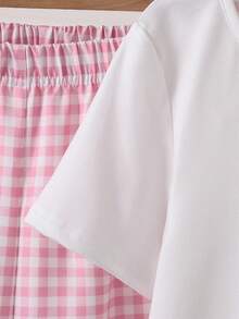 2件套女童休闲白色短袖上衣和粉色格子裤家居服套装，舒适百搭，适合日常穿着，春夏款 - 粉色 - 查看 4