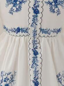 Glamorique Kids Baby Girl Vintage Casual Vacation Floral Print Puff Sleeve Cinched Waist Dress, Summer - Blue and White - View 6