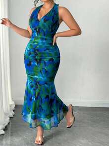 Elenzga Plus Size Women Elegant Halter Backless Dress - Multicolor - View 3
