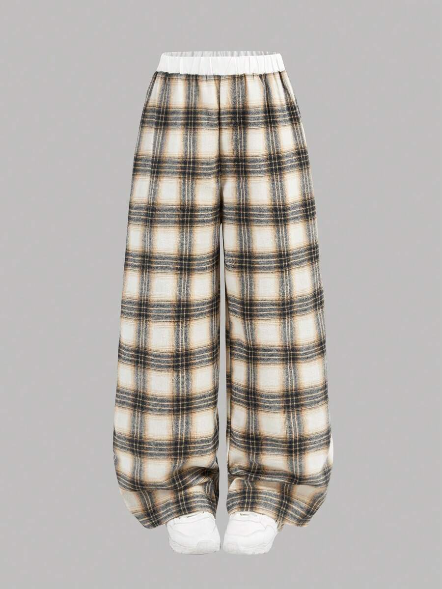 SHEIN Girlism Quần ống rộng kẻ caro cho bé gái tuổi teen, chất liệu microfleece, thích hợp mặc hàng ngày hoặc làm đồ thể thao. - Màu Khaki - Xem 1