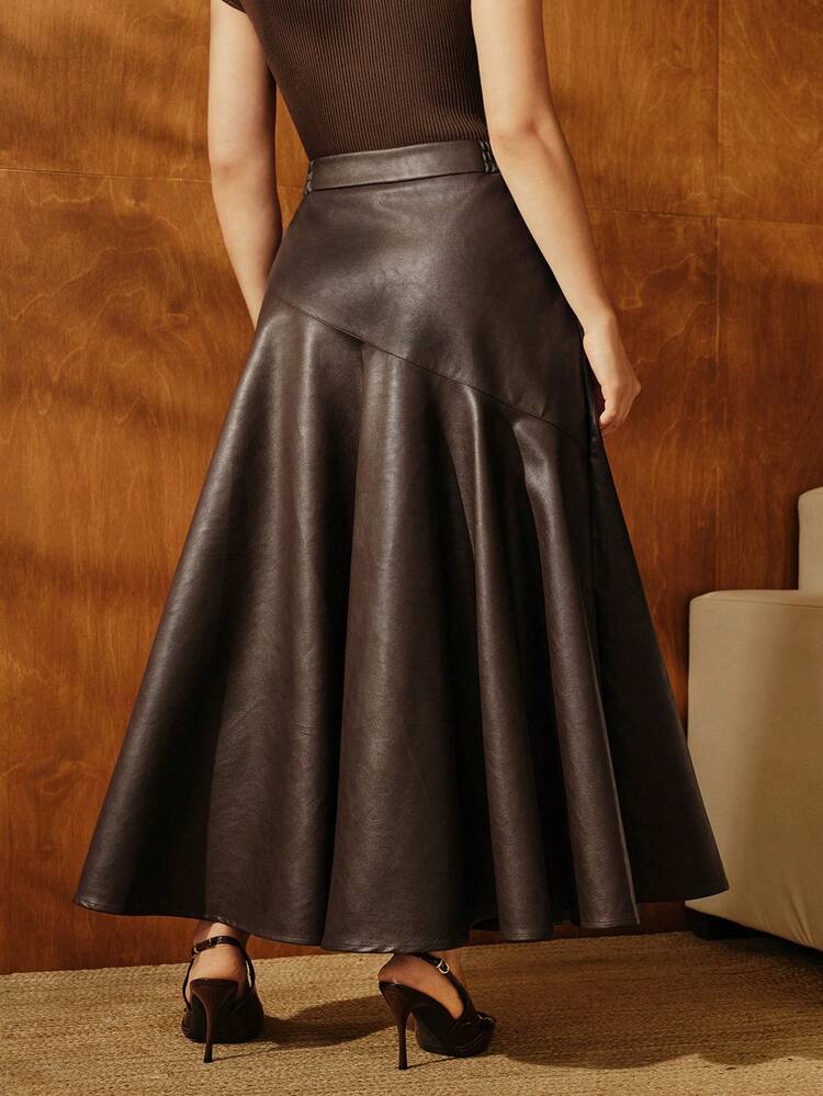Plus Size Women Elegant Commuter Casual Solid Color PU Flared Skirt