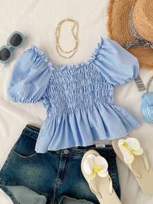 Sparklyn 少女蓝色条纹泡泡袖蝴蝶结衬衫，百搭上衣，适合上学、学习、周末家庭活动、日常穿着，精致休闲衬衫，适合多种场合。 - 藍色 - 查看 2