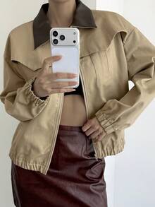 Livesso Women's Casual Patchwork Collar Jacket, Daily Wear, Winter - Khaki - View 5