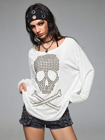Grunge Punk Maglietta a maniche lunghe oversize con girocollo, con grafica di teschi, borchie e strass