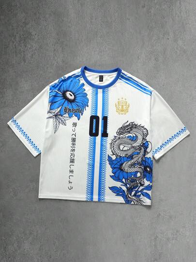 ROMWE MEN Goth Men's Sunflower Print Loose Short Mesh T-Shirt