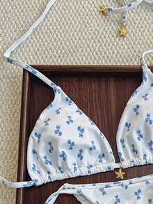 Swim Mod 2pcs/Set Women's White And Blue Floral Bikini,Halter Backless Crop Top&Side Tie Bottom Swimwear,Summer,Tropical,Beach,Vacation,Holiday Metallic Decor - Multicolor - View 3