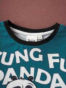 SHEIN Kung Fu Panda Young Boy Summer Casual Letter & Panda Print Round Neck Short Sleeve T-Shirt - أخضر - مشاهدة 3
