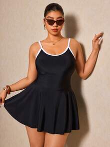 Elaquor Plus Size Contrast Trim Spaghetti Strap Beach Dress - Black - View 5