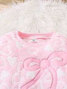 2pcs Tween Girl Pink Flannel Heart & Bow Pattern Long Sleeve Lounge Set - Green - View 7