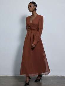Aveloria Modichic Fashionable Design Elegant Versatile Casual Deep V-Neck Cinched Waist Solid Color Long Sleeve Dress - Brown - View 3