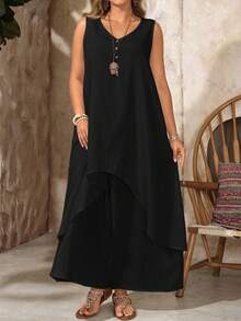 EMERY ROSE 大码女式夏季度假V领无袖两件式白色连衣裙 - 黑色 - 查看 6