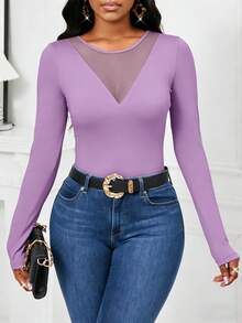SHEIN Lady Women Autumn Elegant Mesh Splice Fitted Long Sleeve T-Shirt Valentine's Day Valentine Outfits For Women Valentine Clothes Summer Summer Clothes - Mauve Purple - View 4