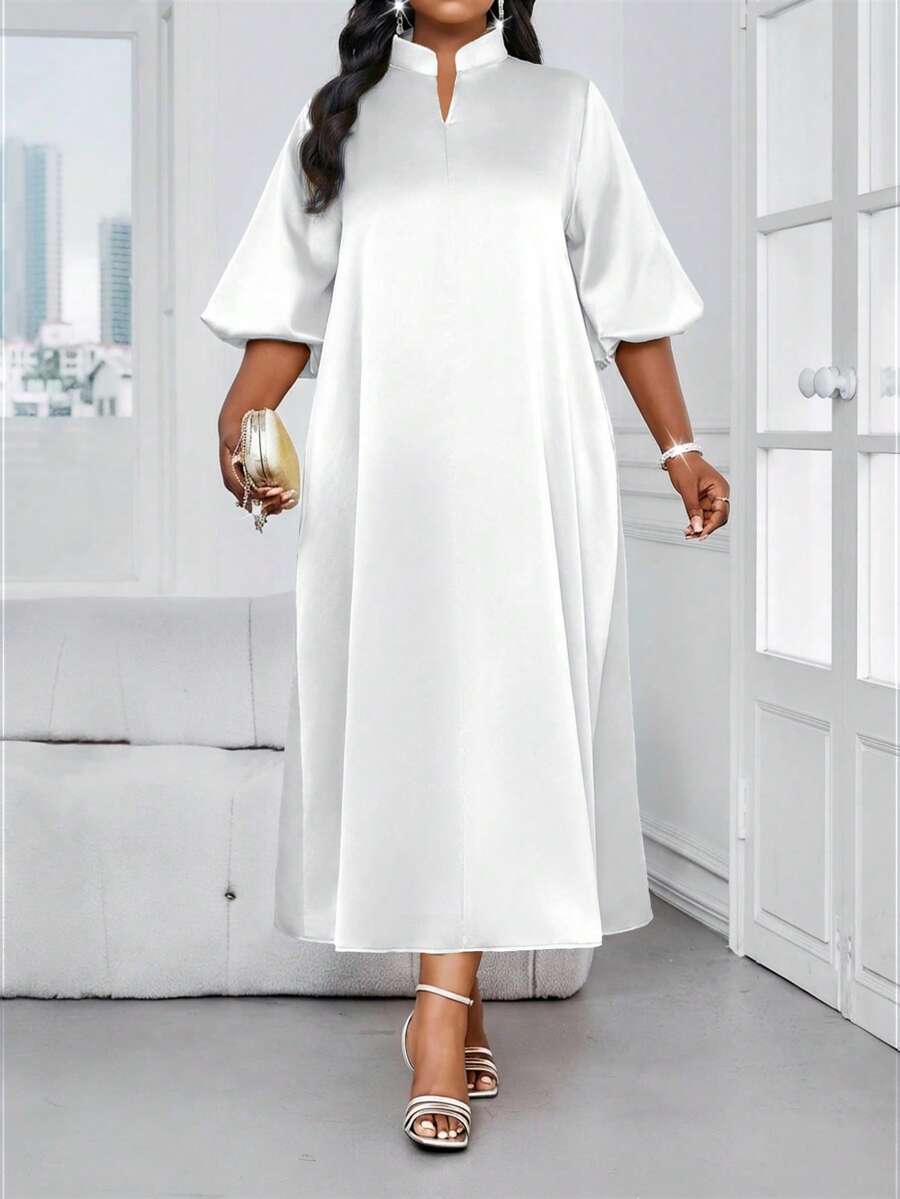 SHEIN Lady 春夏优雅端庄派对婚礼鸡尾酒会音乐会/音乐节金色织缎立领蓬蓬裙荷叶边A字连衣裙束腰长袖短袖大码连衣裙生日/活动礼服婚纱夏季女装夏季连衣裙婚礼宾客礼服女士生日装女士生日装女士音乐会装女士邮轮装女士 - 白色 - 查看 1