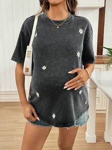 SHEIN 孕妇花卉刺绣圆领短袖T恤 - 黑色 - 查看 4