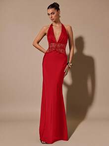 SHEIN BAE 黑色性感深V领蕾丝镂空拼接鱼尾缎面连衣裙，适合鸡尾酒会、浪漫约会、聚会、正式活动、伴娘礼服、晚礼服、圣诞节、新年、情人节、下午茶会、黑色连衣裙、小黑裙 - 紅色 - 查看 6