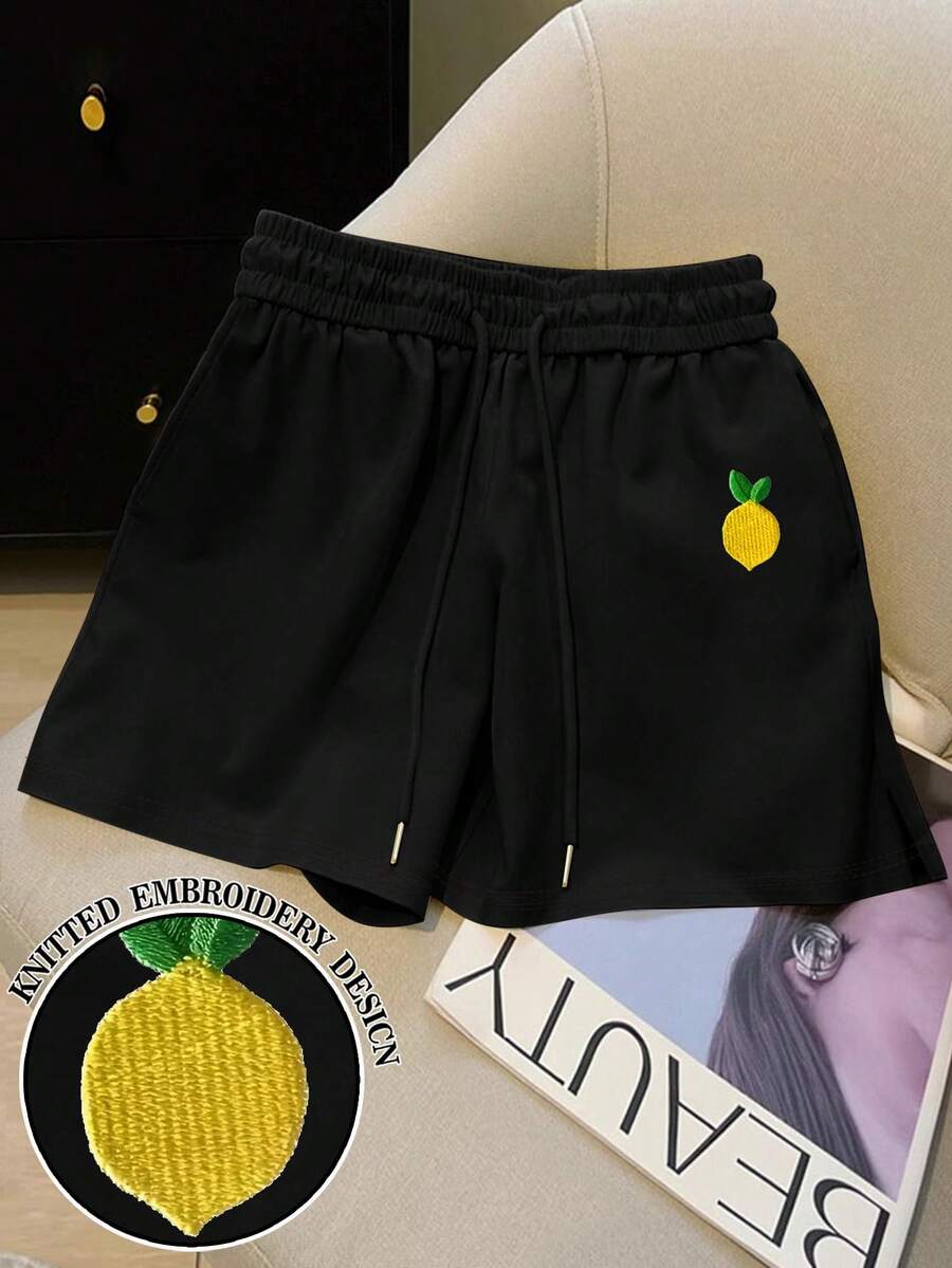 Resyla 女士经典黑色柠檬刺绣侧开衩短裤 - 黑色 - 查看 1